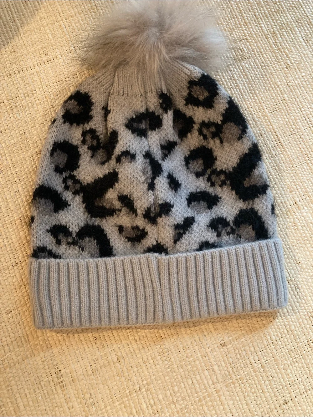 Britt’s & Knots Faux Fur Pom Leopard Knit Beanie - Light Gray NWT